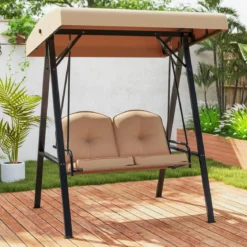 Hollywoodschaukel 2-Sitzer Gartenschaukel mit Sonnendach & Metallgestell Outdoor-Schaukel bis 300kg Belastbar Beige