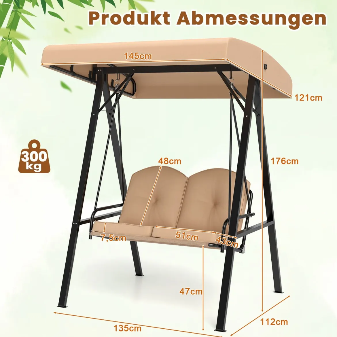 Hollywoodschaukel 2-Sitzer Gartenschaukel mit Sonnendach & Metallgestell Outdoor-Schaukel bis 300kg Belastbar Beige