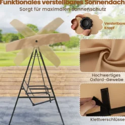 Hollywoodschaukel 2-Sitzer Gartenschaukel mit Sonnendach & Metallgestell Outdoor-Schaukel bis 300kg Belastbar Beige