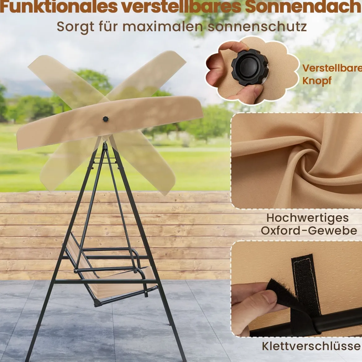 Hollywoodschaukel 2-Sitzer Gartenschaukel mit Sonnendach & Metallgestell Outdoor-Schaukel bis 300kg Belastbar Beige
