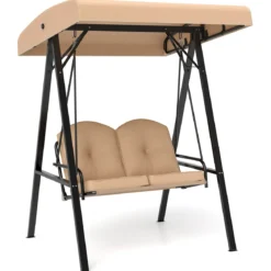 Hollywoodschaukel 2-Sitzer Gartenschaukel mit Sonnendach & Metallgestell Outdoor-Schaukel bis 300kg Belastbar Beige