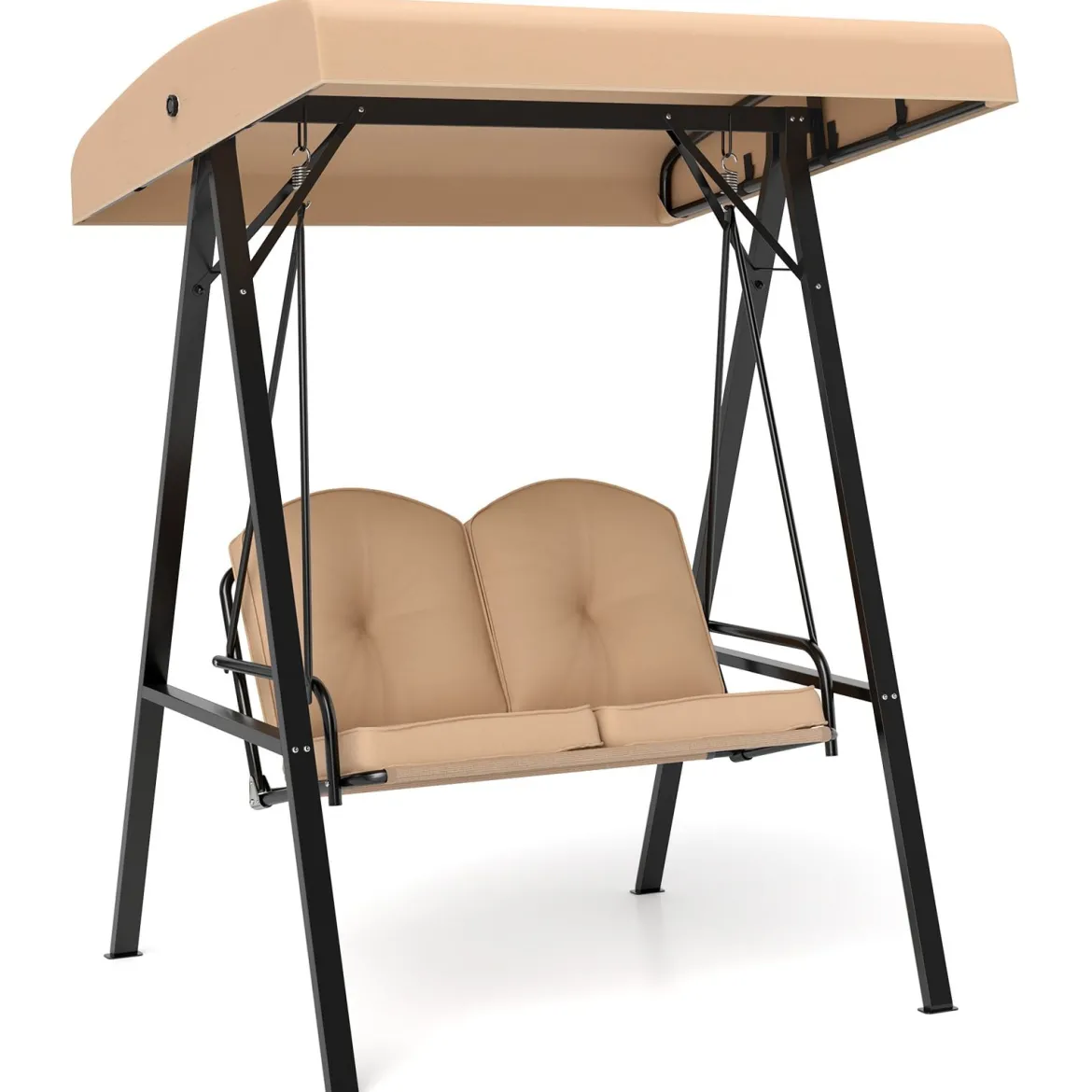 Hollywoodschaukel 2-Sitzer Gartenschaukel mit Sonnendach & Metallgestell Outdoor-Schaukel bis 300kg Belastbar Beige