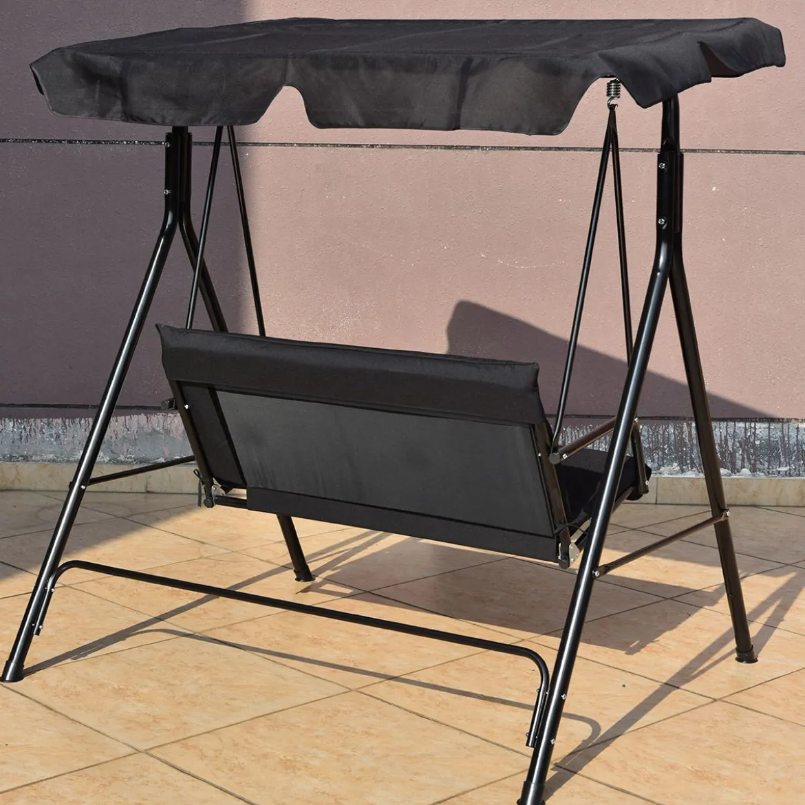 Hollywoodschaukel 2-Sitzer Gartenschaukel Gartenliege mit Sonnendach Schwarz 110 x 140 x 153 cm