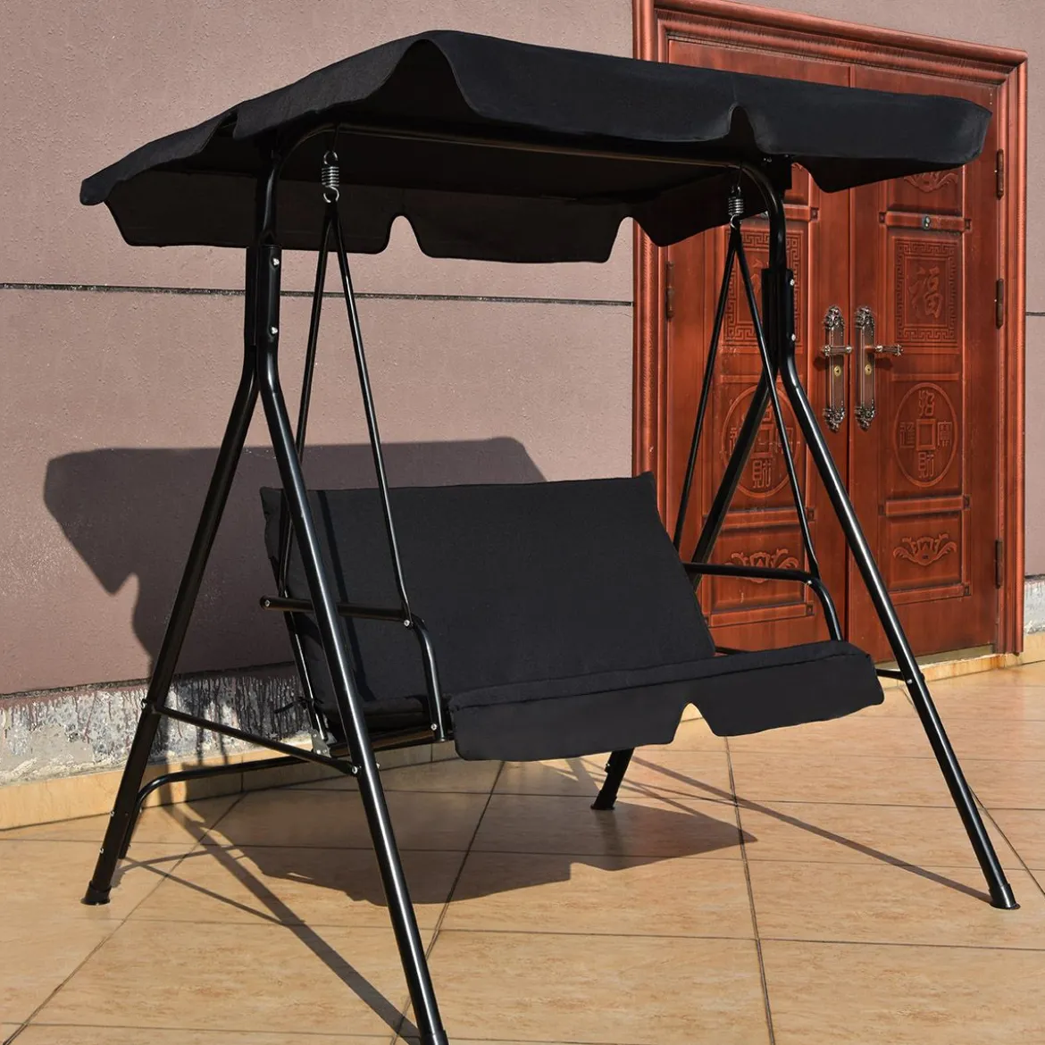 Hollywoodschaukel 2-Sitzer Gartenschaukel Gartenliege mit Sonnendach Schwarz 110 x 140 x 153 cm