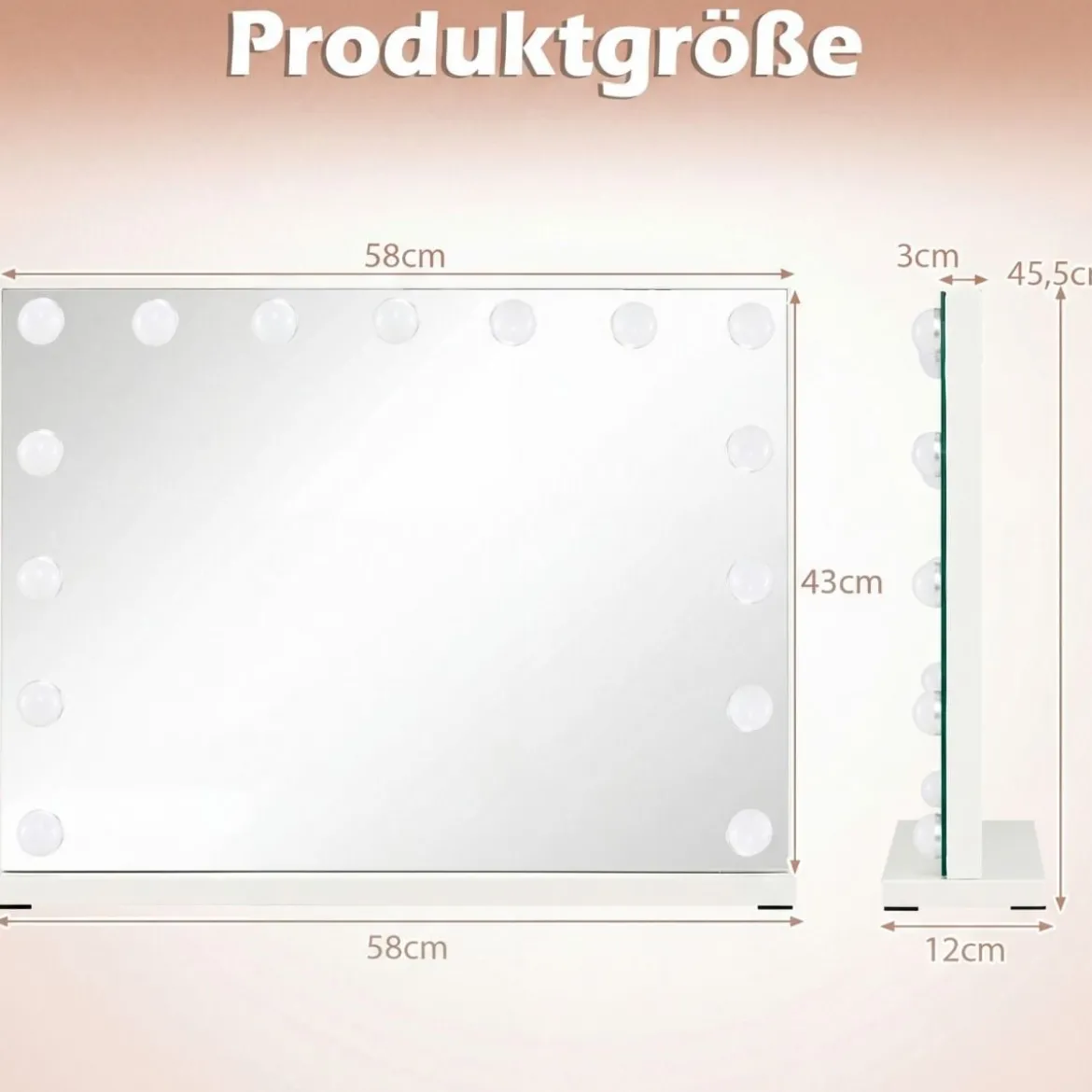 Hollywood Schminkspiegel mit 3 Lichtfarben & Einstellbarer Helligkeit & Touch-Steuerung 58 x 43 cm
