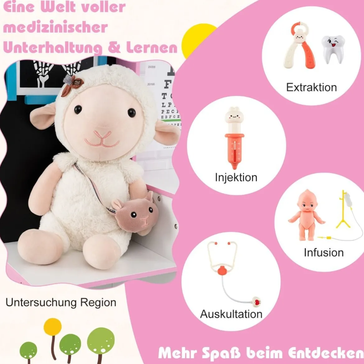 Holz Arztdienst-Spielset mit Untersuchungsbereich & EKG-Monitor & Röntgenfilm Medizinisches Zentrum Rosa