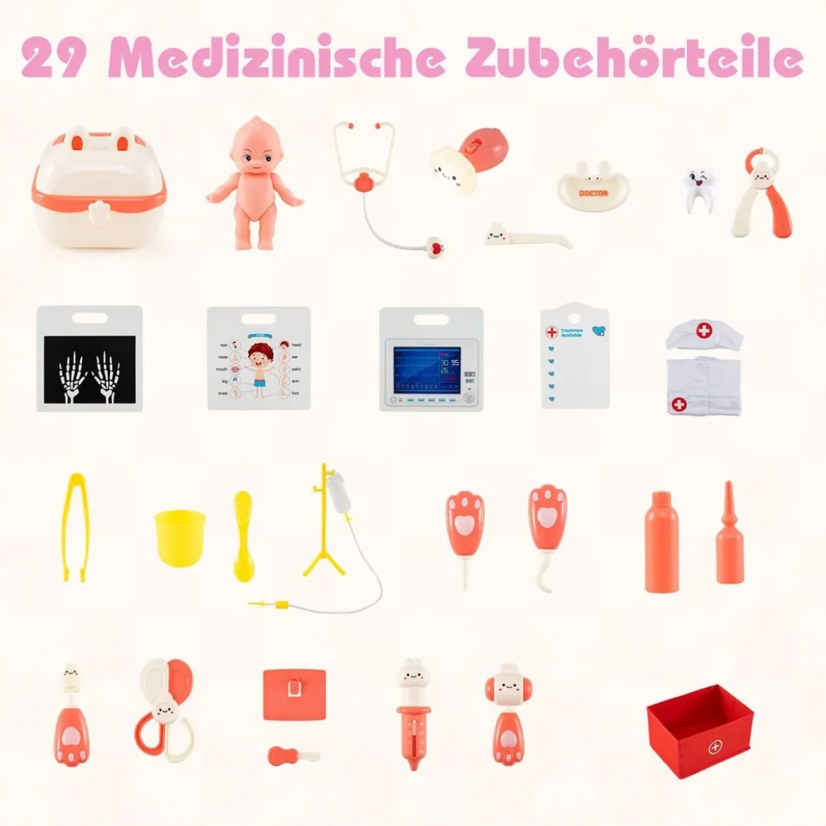 Holz Arztdienst-Spielset mit Untersuchungsbereich & EKG-Monitor & Röntgenfilm Medizinisches Zentrum Rosa