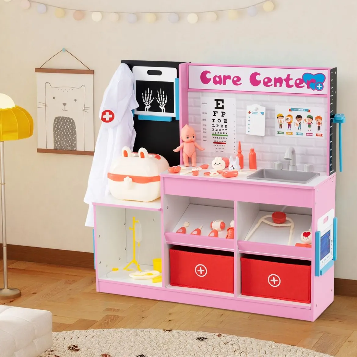 Holz Arztdienst-Spielset mit Untersuchungsbereich & EKG-Monitor & Röntgenfilm Medizinisches Zentrum Rosa