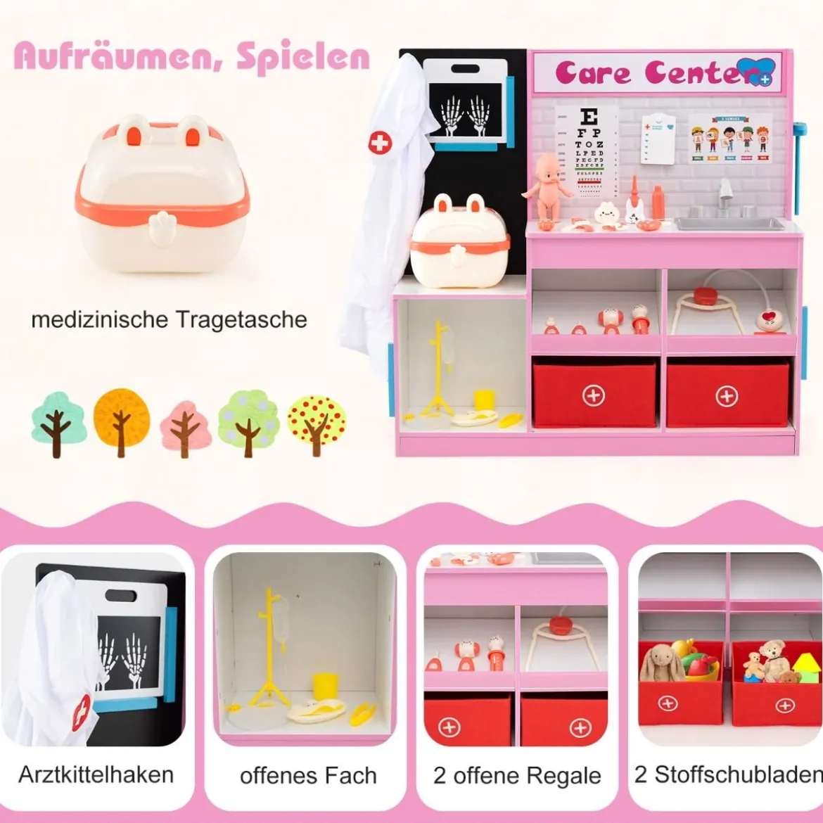 Holz Arztdienst-Spielset mit Untersuchungsbereich & EKG-Monitor & Röntgenfilm Medizinisches Zentrum Rosa