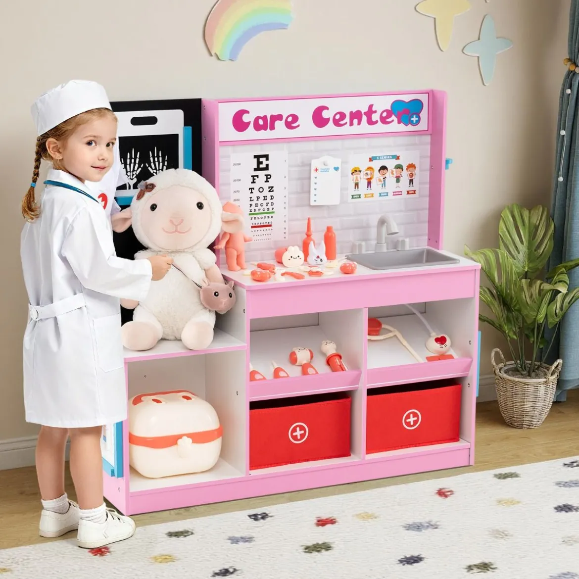 Holz Arztdienst-Spielset mit Untersuchungsbereich & EKG-Monitor & Röntgenfilm Medizinisches Zentrum Rosa