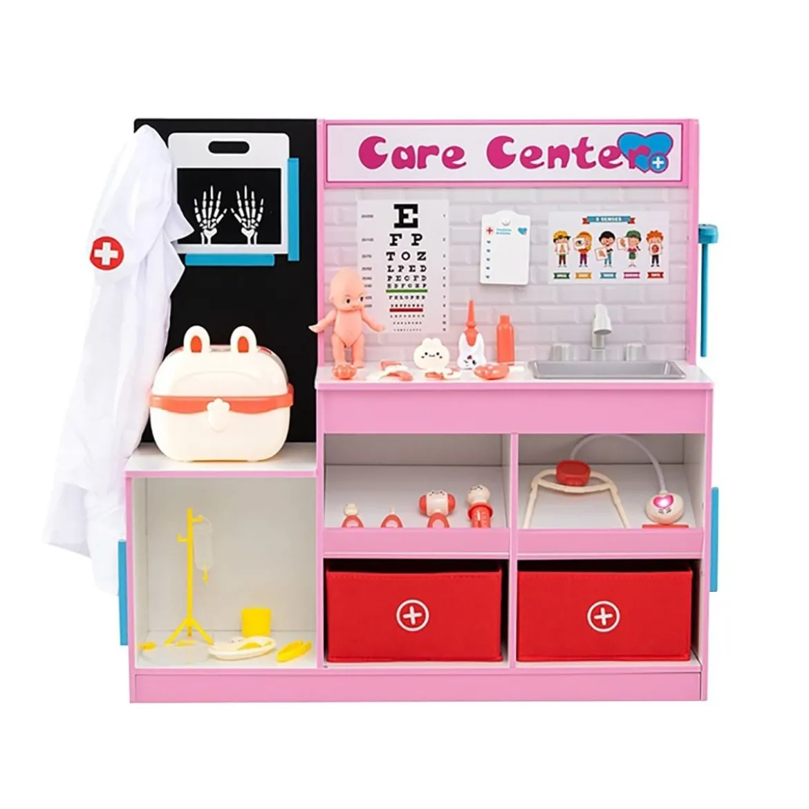 Holz Arztdienst-Spielset mit Untersuchungsbereich & EKG-Monitor & Röntgenfilm Medizinisches Zentrum Rosa