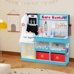 Holz Arztdienst-Spielset mit Untersuchungsbereich & EKG-Monitor & Röntgenfilm Medizinisches Zentrum Blau