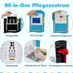 Holz Arztdienst-Spielset mit Untersuchungsbereich & EKG-Monitor & Röntgenfilm Medizinisches Zentrum Blau