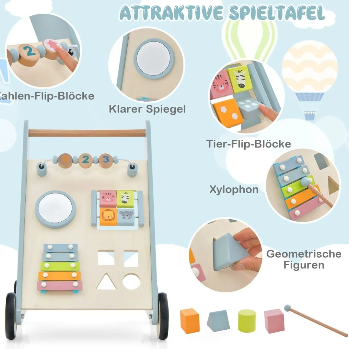 Holz Baby Lauflernhilfe mit Xylophon & umklappbaren Klötzen Griffbereite Schiebewagen-Spielzeug für Kinder ab 10 Monaten