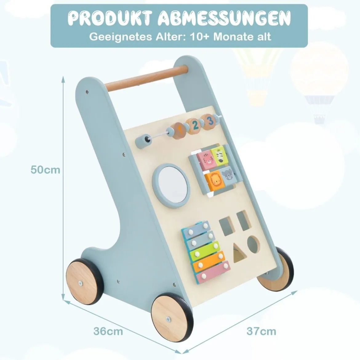 Holz Baby Lauflernhilfe mit Xylophon & umklappbaren Klötzen Griffbereite Schiebewagen-Spielzeug für Kinder ab 10 Monaten
