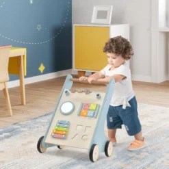 Holz Baby Lauflernhilfe mit Xylophon & umklappbaren Klötzen Griffbereite Schiebewagen-Spielzeug für Kinder ab 10 Monaten