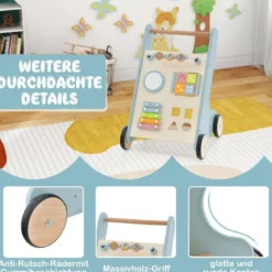 Holz Baby Lauflernhilfe mit Xylophon & umklappbaren Klötzen Griffbereite Schiebewagen-Spielzeug für Kinder ab 10 Monaten