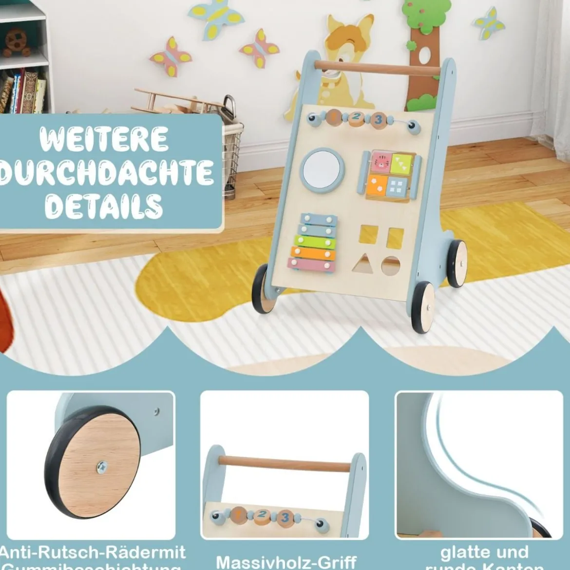 Holz Baby Lauflernhilfe mit Xylophon & umklappbaren Klötzen Griffbereite Schiebewagen-Spielzeug für Kinder ab 10 Monaten