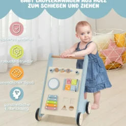 Holz Baby Lauflernhilfe mit Xylophon & umklappbaren Klötzen Griffbereite Schiebewagen-Spielzeug für Kinder ab 10 Monaten
