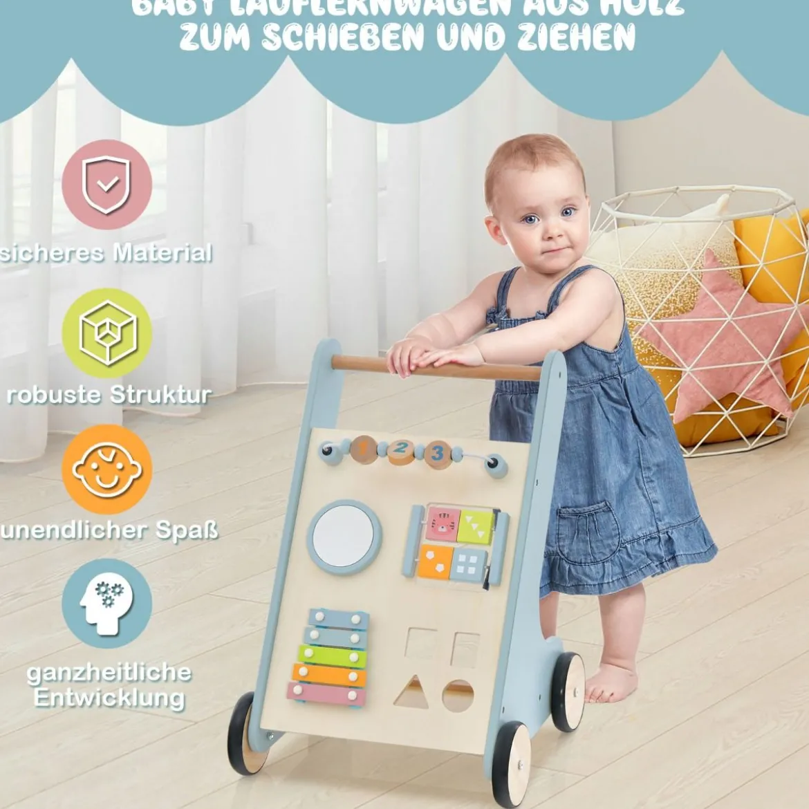 Holz Baby Lauflernhilfe mit Xylophon & umklappbaren Klötzen Griffbereite Schiebewagen-Spielzeug für Kinder ab 10 Monaten