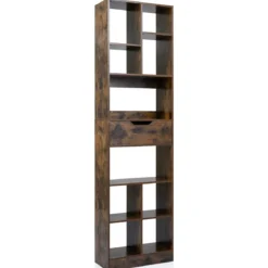 Holz Bücherregal mit 10 Fächern & 1 Schubladen Standregal mit Kippschutz-Set 50 x 24 x 180 cm Braun