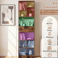 Holz Bücherregal mit 10 Fächern & 1 Schubladen Standregal mit Kippschutz-Set 50 x 24 x 180 cm Braun