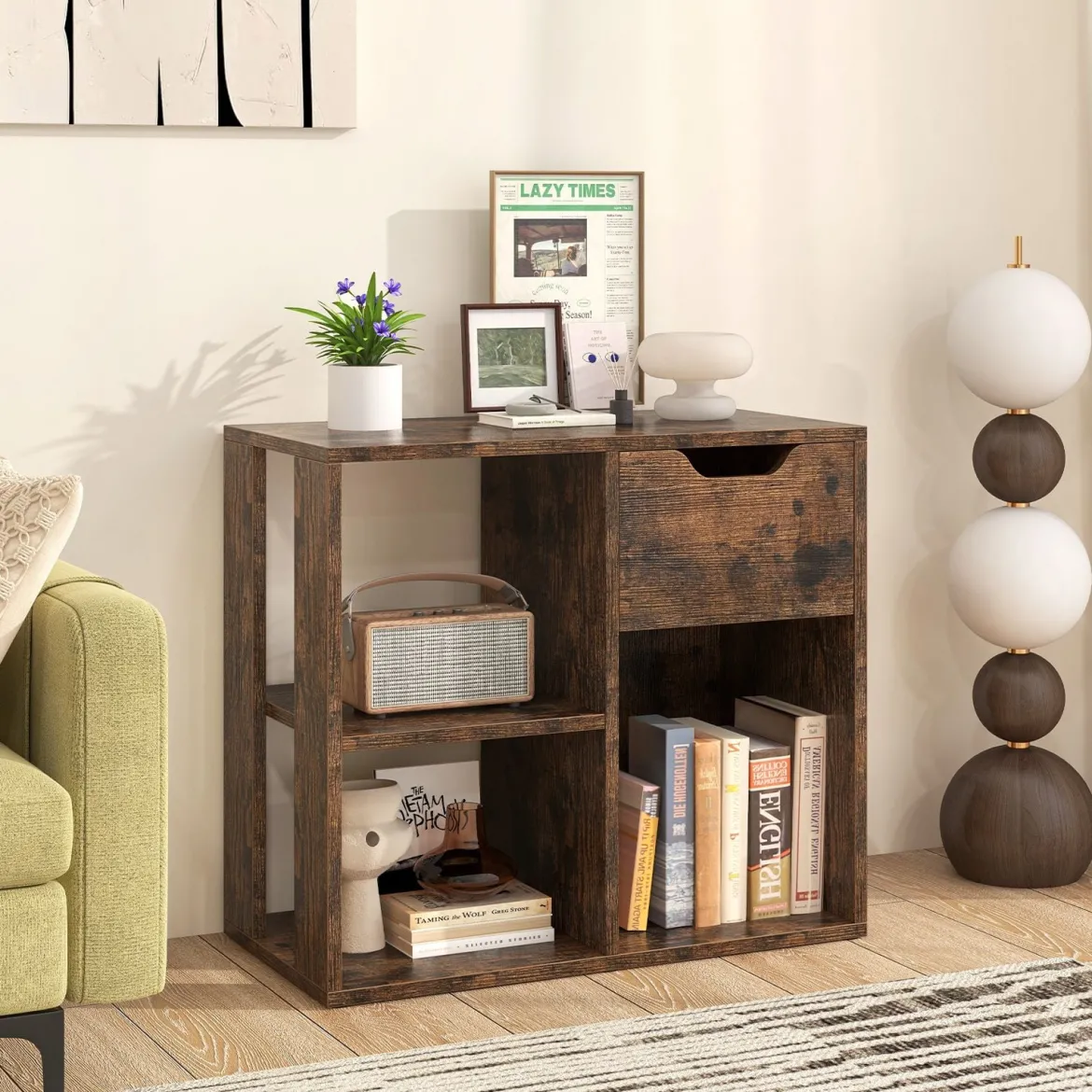 Holz Bücherregal mit Schublade & 3 Fächern Würfelregal Büroregal Raumteiler Standregal Braun