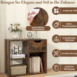 Holz Bücherregal mit Schublade & 3 Fächern Würfelregal Büroregal Raumteiler Standregal Braun