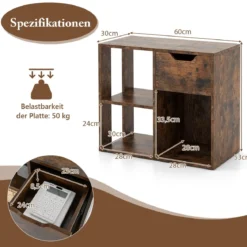 Holz Bücherregal mit Schublade & 3 Fächern Würfelregal Büroregal Raumteiler Standregal Braun