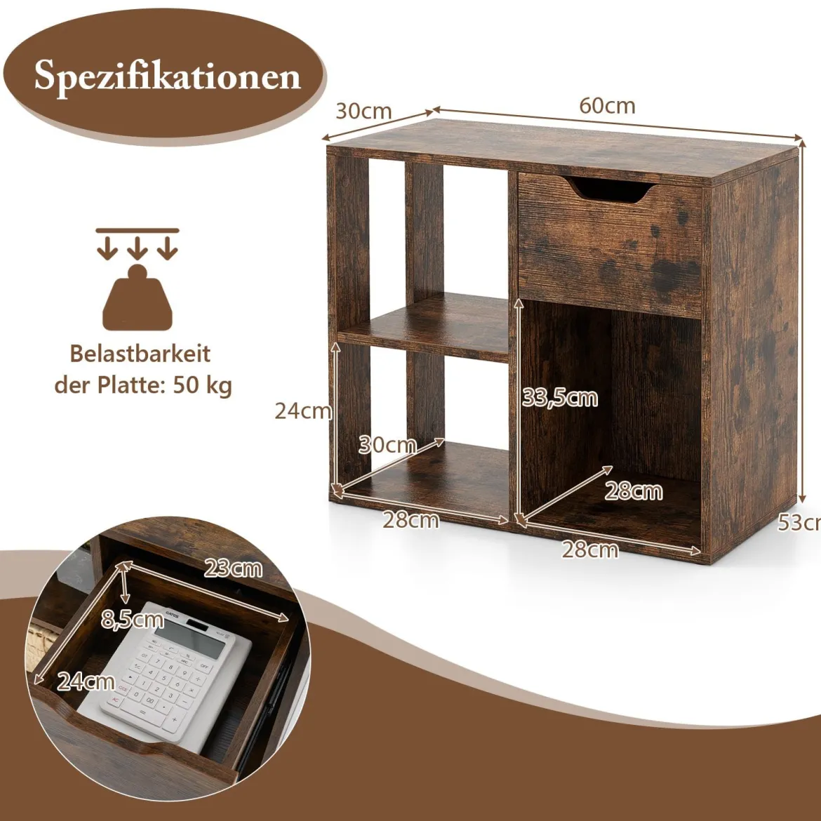 Holz Bücherregal mit Schublade & 3 Fächern Würfelregal Büroregal Raumteiler Standregal Braun