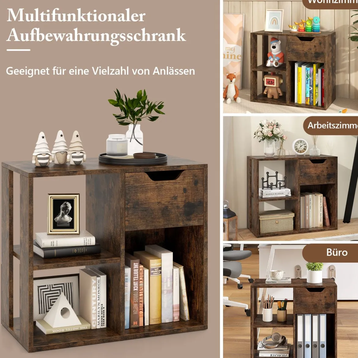 Holz Bücherregal mit Schublade & 3 Fächern Würfelregal Büroregal Raumteiler Standregal Braun