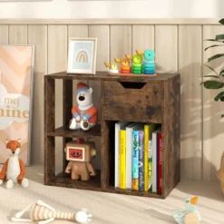 Holz Bücherregal mit Schublade & 3 Fächern Würfelregal Büroregal Raumteiler Standregal Braun