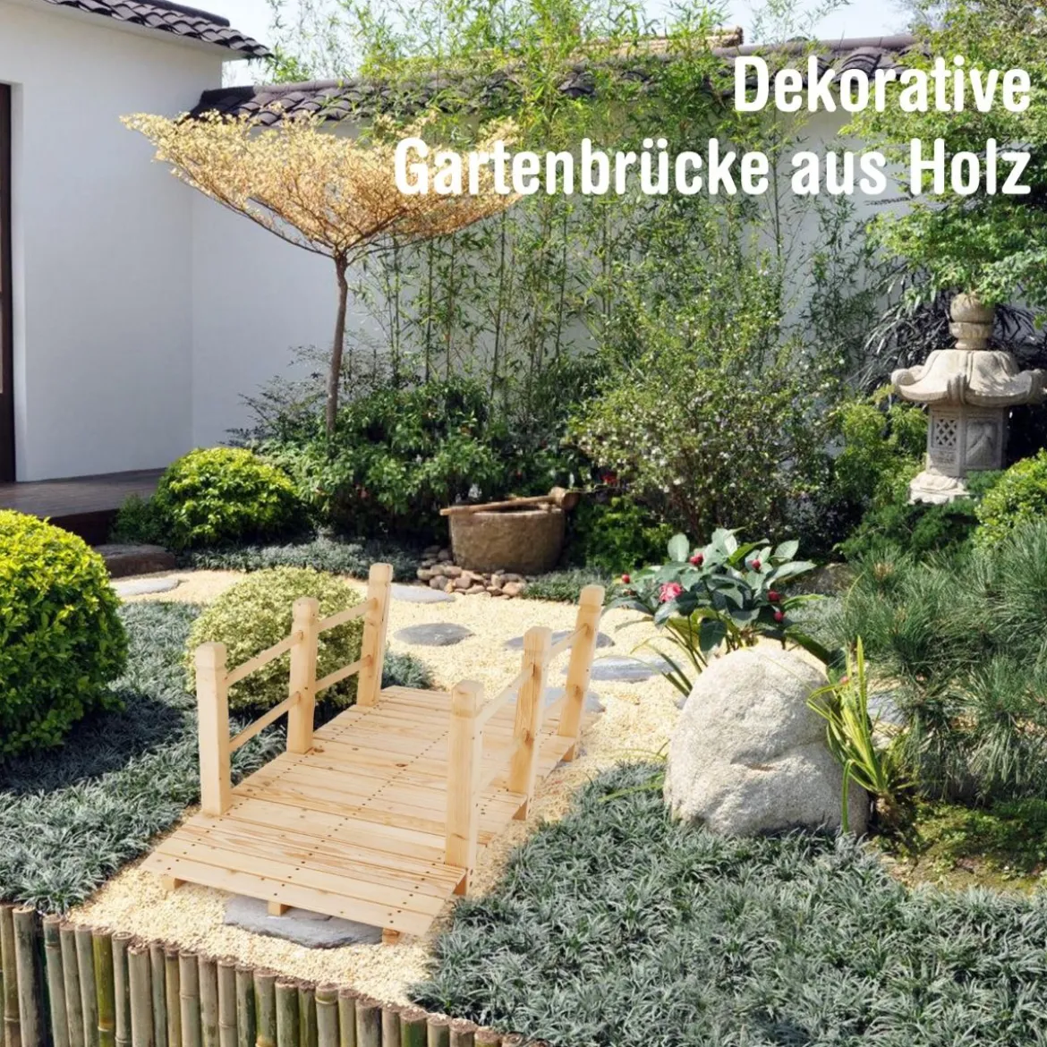 Holzbrücke mit Geländern Gartenbrücke bis 100 kg Belastbar Brücke aus Massivem Tannenholz