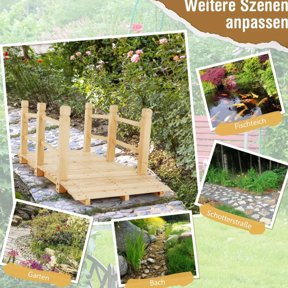 Holzbrücke mit Geländern Gartenbrücke bis 100 kg Belastbar Brücke aus Massivem Tannenholz