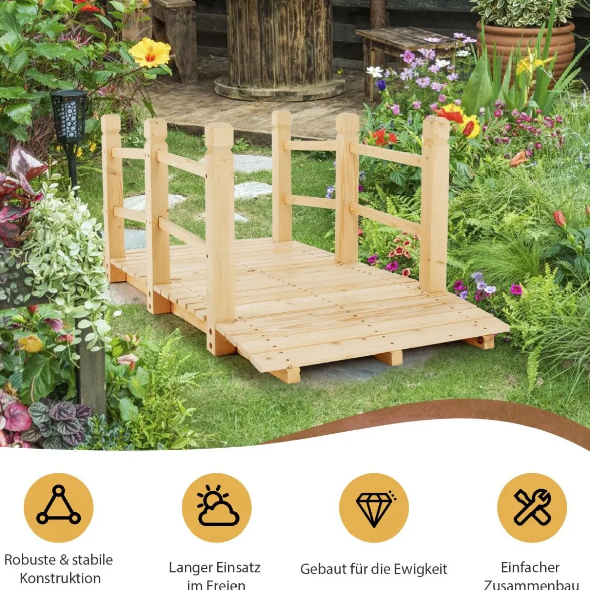 Holzbrücke mit Geländern Gartenbrücke bis 100 kg Belastbar Brücke aus Massivem Tannenholz