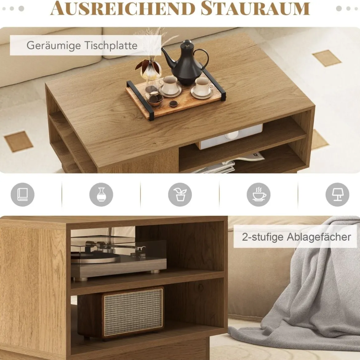Holz Couchtisch mit Stauraum & Offenen Fächern Wohnzimmertisch Beistelltisch Sofatisch