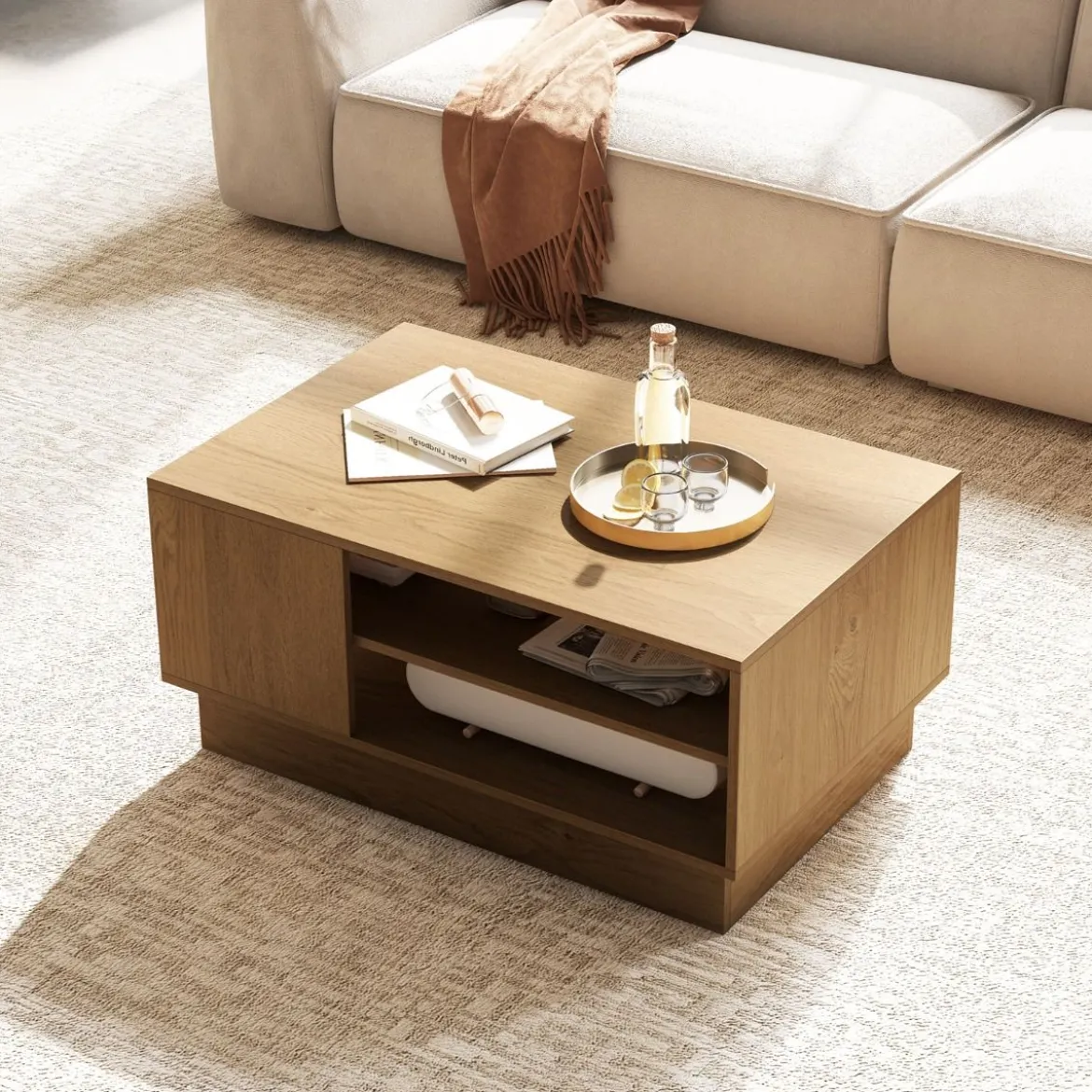 Holz Couchtisch mit Stauraum & Offenen Fächern Wohnzimmertisch Beistelltisch Sofatisch