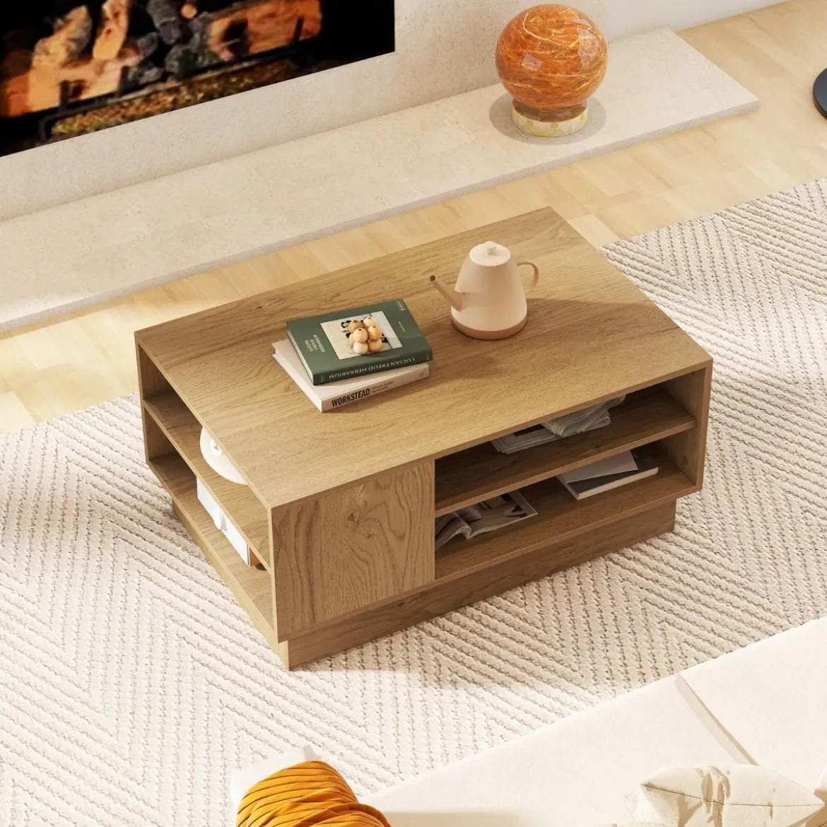 Holz Couchtisch mit Stauraum & Offenen Fächern Wohnzimmertisch Beistelltisch Sofatisch
