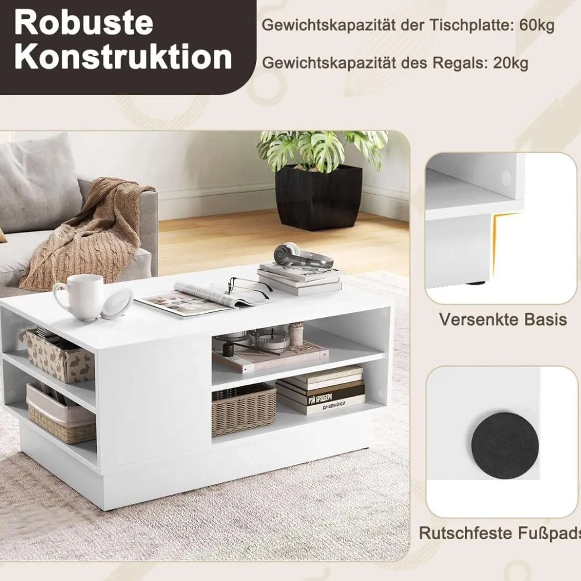 Holz Couchtisch mit Stauraum & Offenen Fächern Wohnzimmertisch Beistelltisch Sofatisch