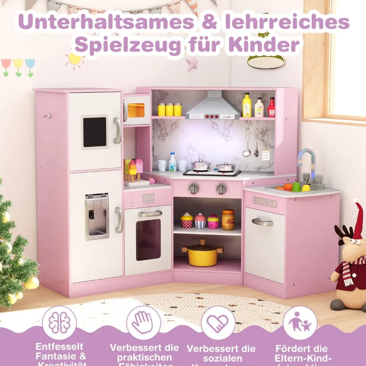 Holz Eck Kinderküche mit Licht & Sound & Tafel & Zubehör Kinderküche Spielküche Holzküche