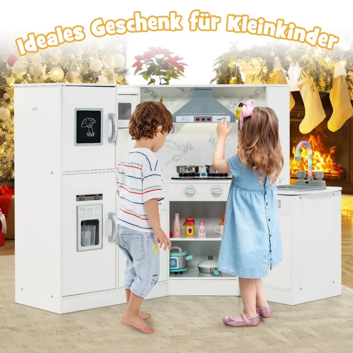 Holz Eck Kinderküche mit Licht & Sound & Tafel & Zubehör Kinderküche Spielküche Holzküche