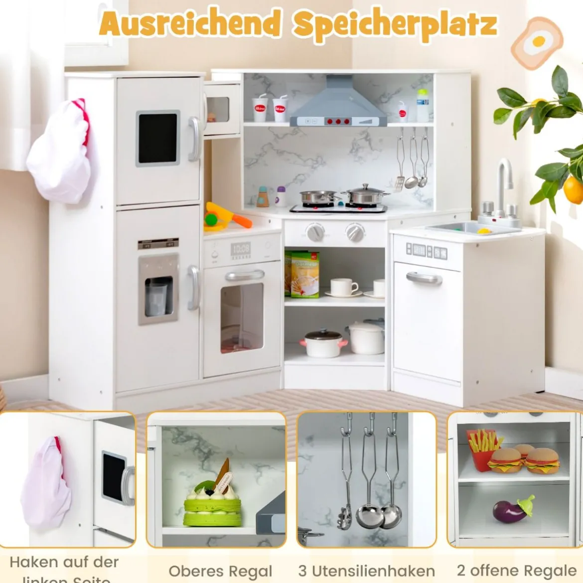 Holz Eck Kinderküche mit Licht & Sound & Tafel & Zubehör Kinderküche Spielküche Holzküche