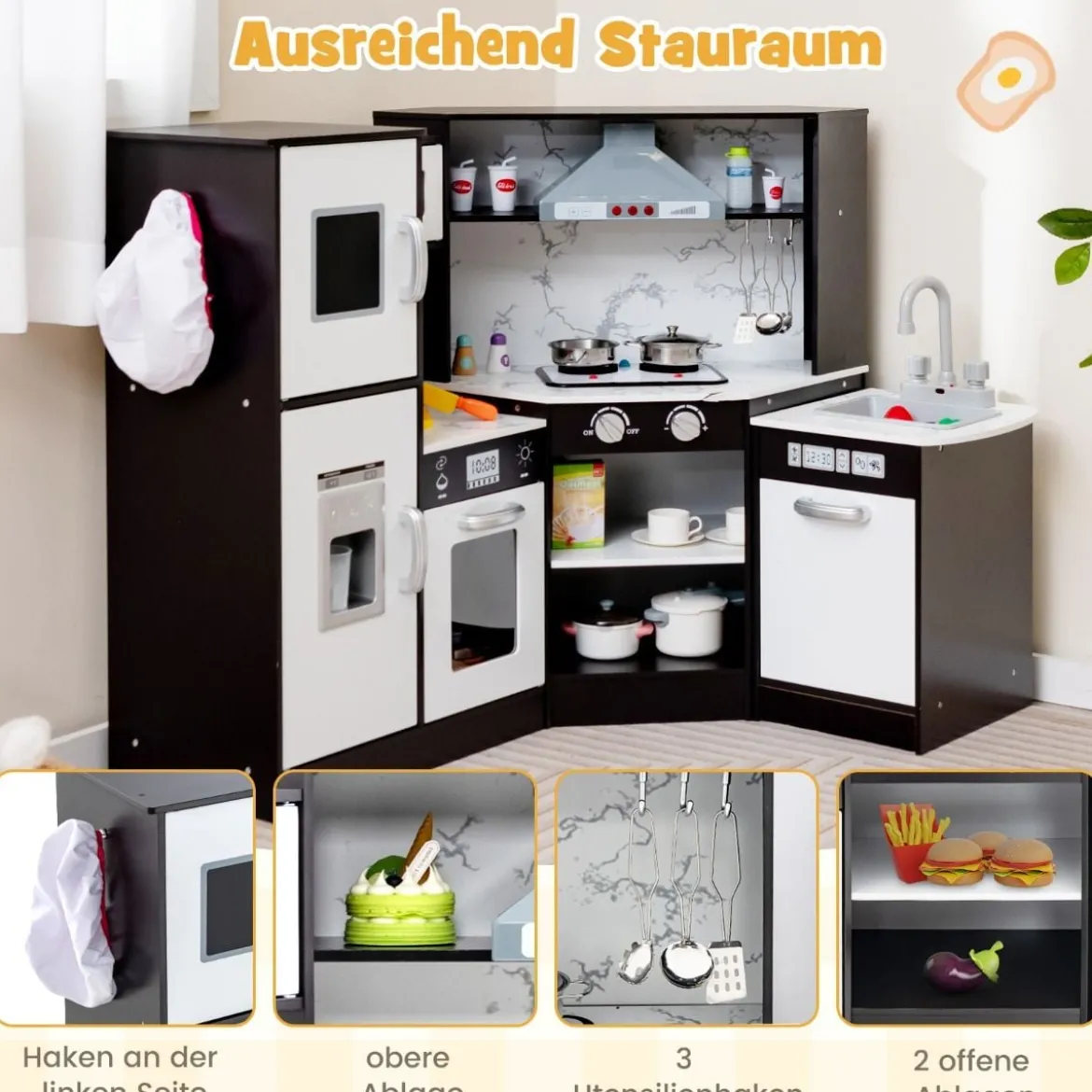 Holz Eck Kinderküche mit Licht & Sound & Tafel & Zubehör Kinderküche Spielküche Holzküche