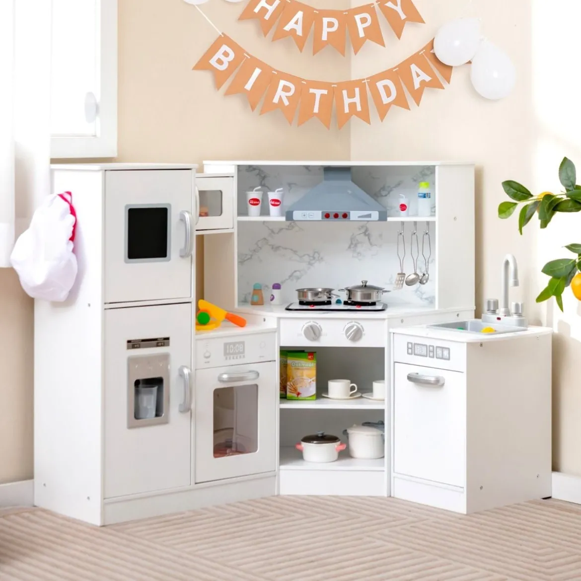 Holz Eck Kinderküche mit Licht & Sound & Tafel & Zubehör Kinderküche Spielküche Holzküche