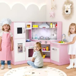 Holz Eck Kinderküche mit Licht & Sound & Tafel & Zubehör Kinderküche Spielküche Holzküche