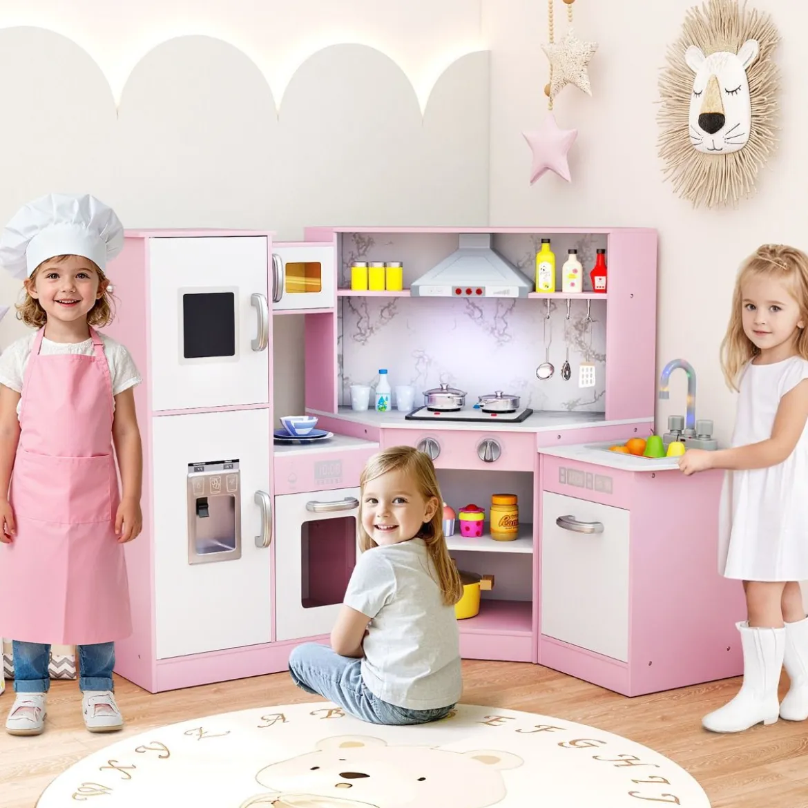 Holz Eck Kinderküche mit Licht & Sound & Tafel & Zubehör Kinderküche Spielküche Holzküche