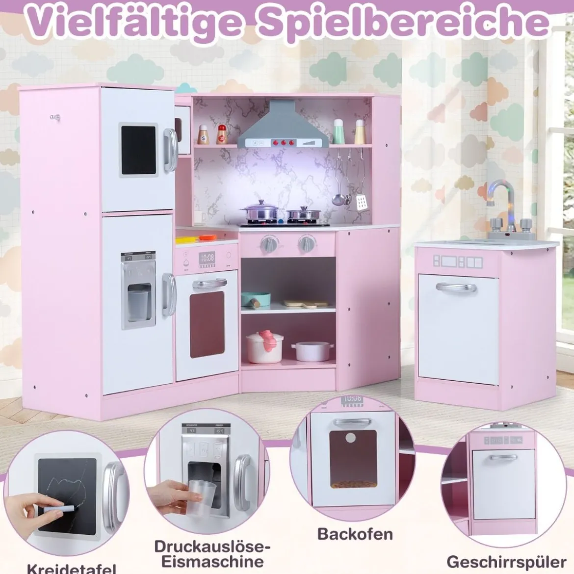 Holz Eck Kinderküche mit Licht & Sound & Tafel & Zubehör Kinderküche Spielküche Holzküche
