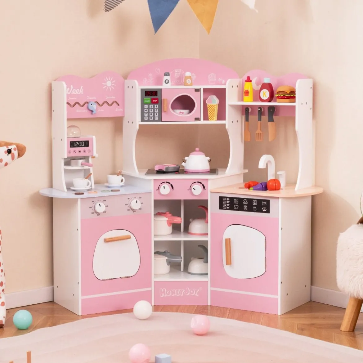 Holz Eck Spielküche mit Sound & Licht & Kaffeemaschine & Rutsche Kleinkind Küchen Spielset