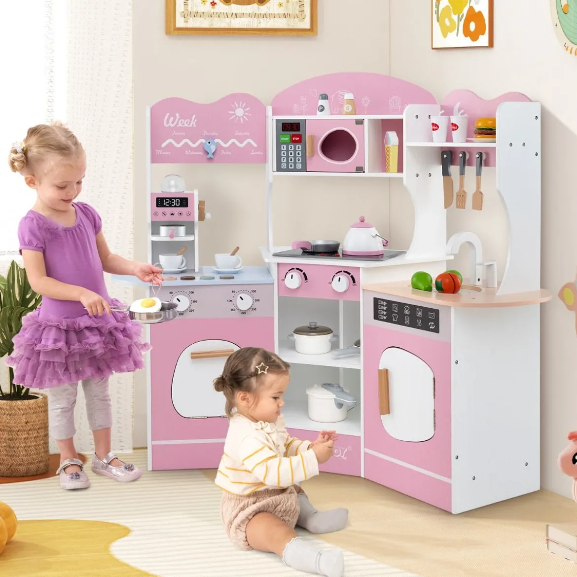 Holz Eck Spielküche mit Sound & Licht & Kaffeemaschine & Rutsche Kleinkind Küchen Spielset