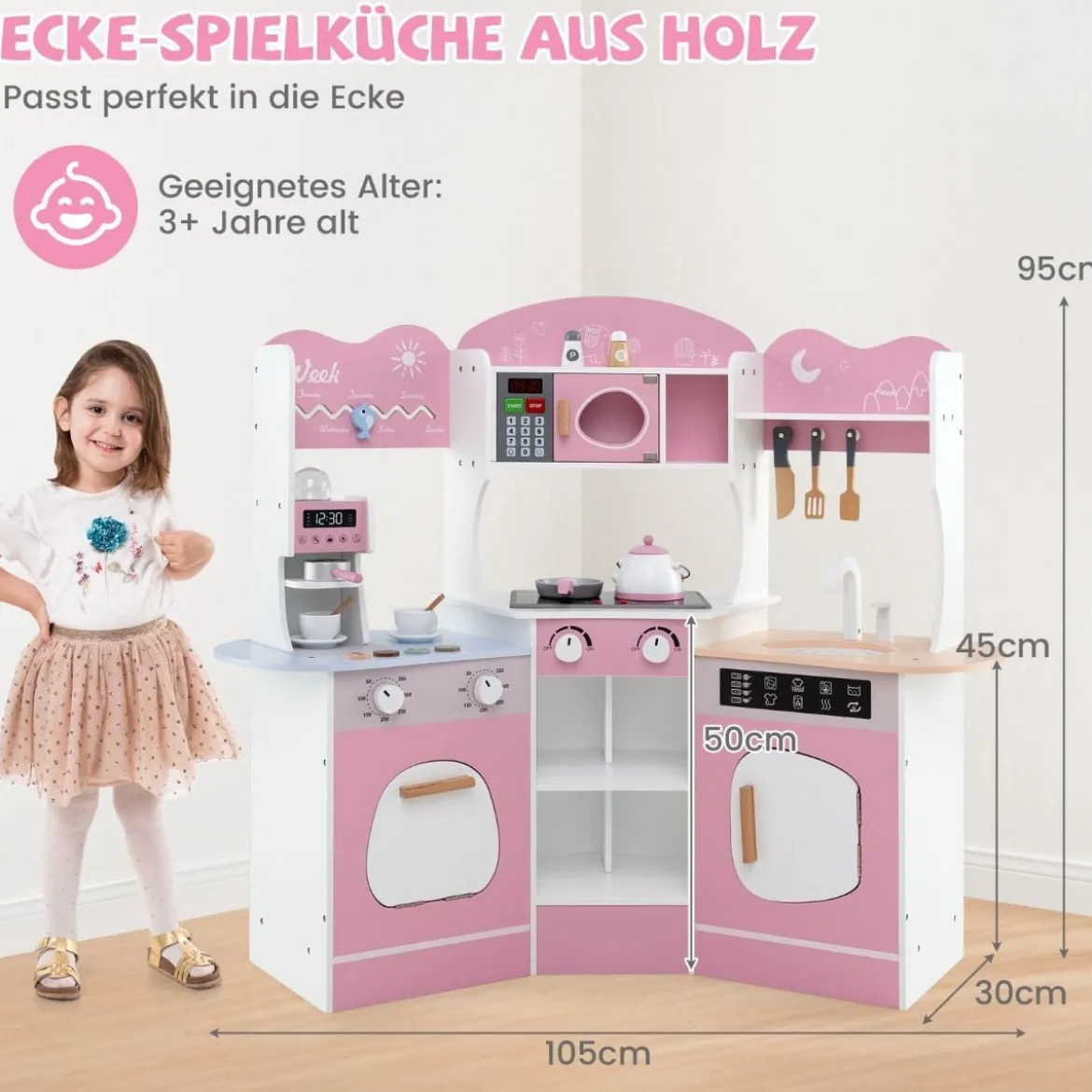 Holz Eck Spielküche mit Sound & Licht & Kaffeemaschine & Rutsche Kleinkind Küchen Spielset